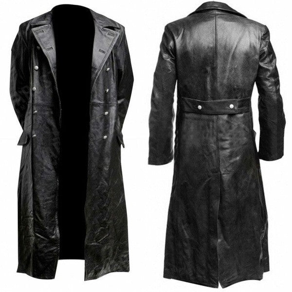 Men Faux Leather Coats Pu Long Coat Splice Double Breasted Turn Down Collar Slim Fit Thick Casual Jackets Autumn Winter