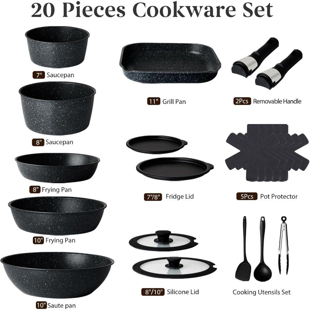 20 Pcs Pots and Pans Set Non Stick, Ceramic Cookware Set Detachable Handle, RV Kitchen Cooking Set Removeable Handles, Oven Safe