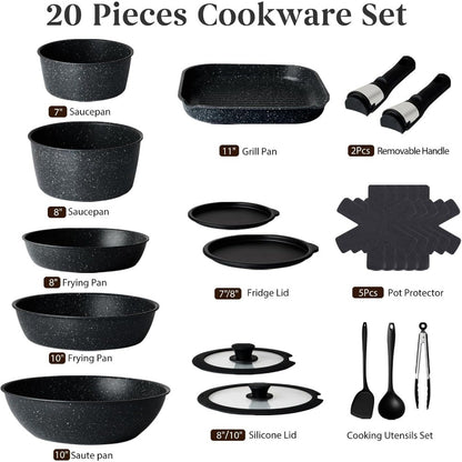 20 Pcs Pots and Pans Set Non Stick, Ceramic Cookware Set Detachable Handle, RV Kitchen Cooking Set Removeable Handles, Oven Safe