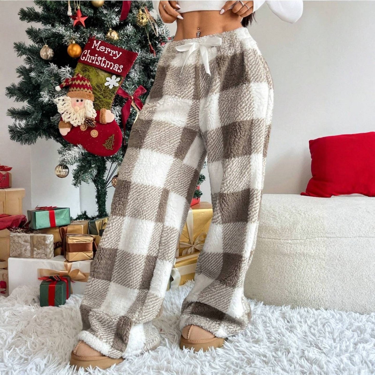 Christmas Elastic Waist Long Pants Women Trousers Wide leg Casual Female Belt Plaid Loose Ankle-Length Home Pants 2YK Pajama