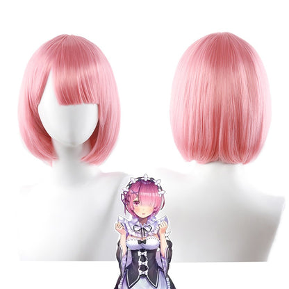 High-Quality Anime Ram Rem Cosplay Synthetic Hair 12-Inch Blue And Pink Short Halloween Daily Party Heat-Resistant Wig Natural