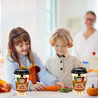 48 Set Fall Thanksgiving Disposable Coffee Cups with Lids and Sleeves Turkey Maple Paper Cups Give Thanks Drinking Cups