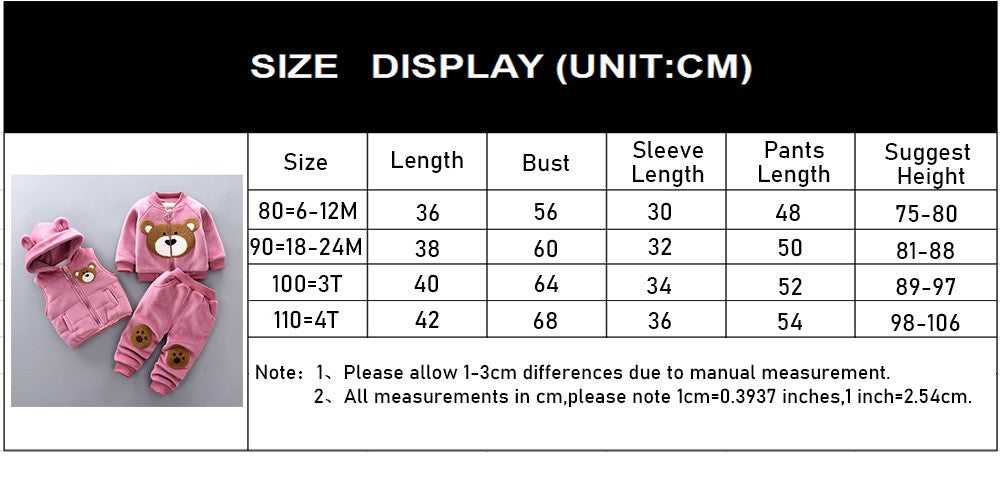 Autumn Winter Baby Boys Clothes Sets Thick Fleece Cartoon Bear Jacket Vest Pants 3Pcs Cotton Sport Suit For Girls Warm Outfits