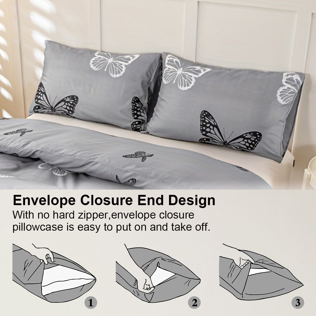 Conjunto de Capa de Edredom com Estampa de Borboleta 3 Peças, Conjunto de Cama Macio e Suave para a Pele Inclui 1 Capa de Edredom e 2 Fronhas