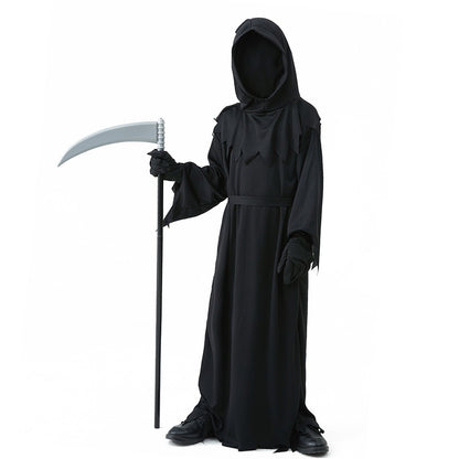 Halloween Grim Reaper Horror Costume Black Hooded Spooky Ghost Robe Dress Up Costume Adult Cosplay Mask Scythe Prop Party