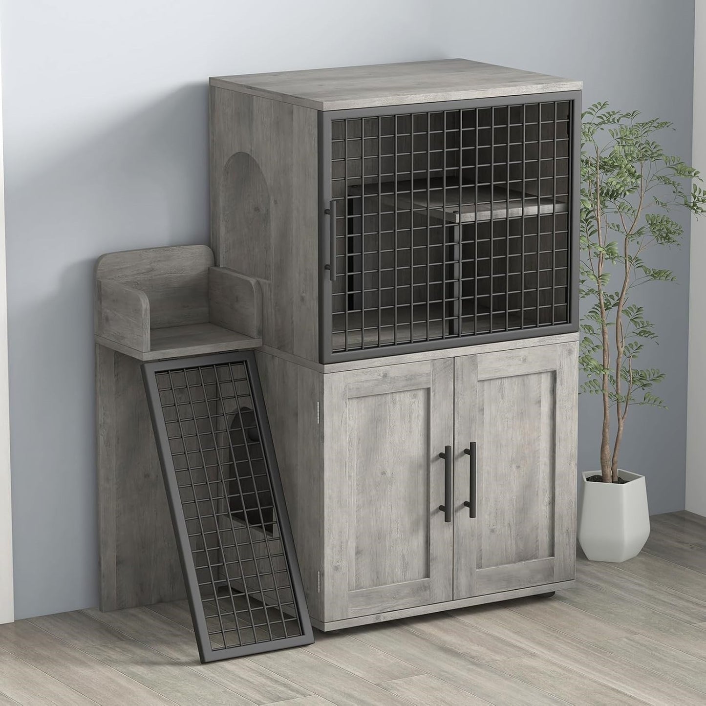 Caixa de Areia para Gatos Oculta com Plataforma, Móvel para Gatos de Camada Dupla, Móvel para Banheiro de Gatos, Casinha de Gatos com Escada
