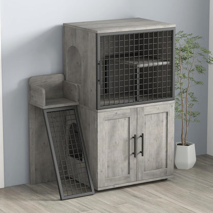 Caixa de Areia para Gatos Oculta com Plataforma, Móvel para Gatos de Camada Dupla, Móvel para Banheiro de Gatos, Casinha de Gatos com Escada