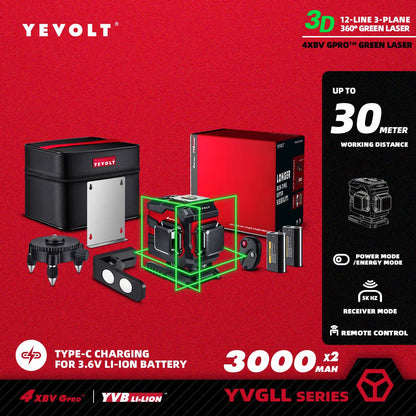 Nível a Laser Verde YEVOLT YVGLL4XS-Series 3/4 Planos 12/16 Linhas Autonivelante 360 3D/4D Horizontal e Vertical Ferramenta de Medição de Energia