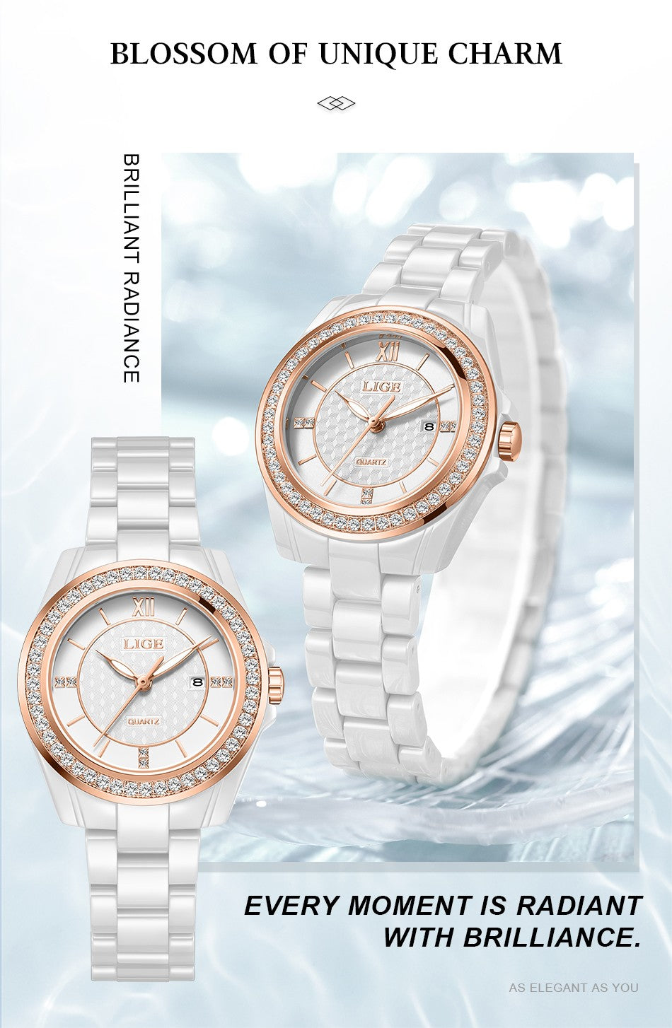 LIGE Fashion Quartz Watch for Women Stainless Steel Ceramics Strap Waterproof Women's Watches Elegant Luxury Ladies Wristwatch