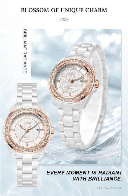 LIGE Fashion Quartz Watch for Women Stainless Steel Ceramics Strap Waterproof Women's Watches Elegant Luxury Ladies Wristwatch