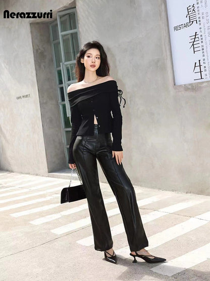 Nerazzurri Stylish Chic Black Soft PU Leather Straight Pants Women High Waist Autumn Winter Ladies Faux Leather Trousers 2023