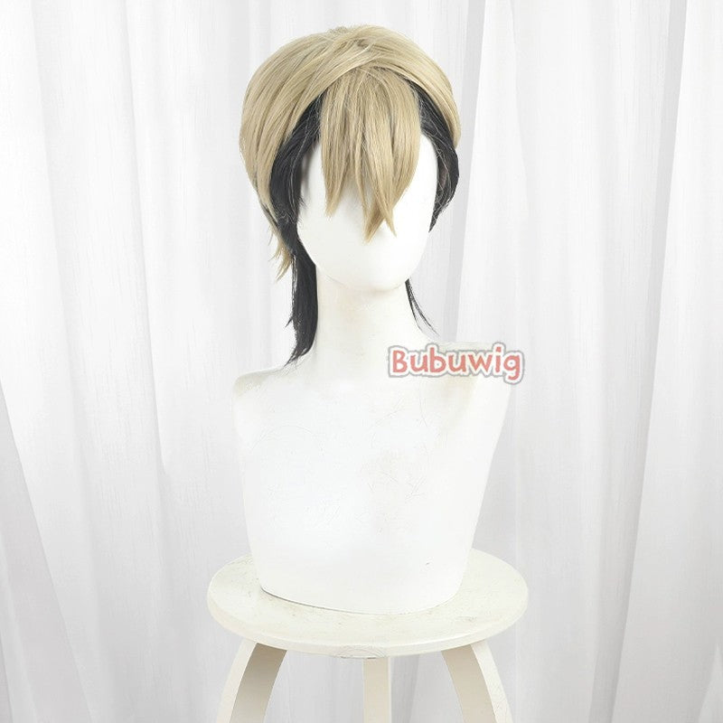 Peruca de Cosplay Zanka Nijiku de Cabelo Sintético Bubuwig Perucas de Anime Gachiakuta Zanka Nijiku Peruca Curta Loiro Misto Preto de 30cm Resistente ao Calor
