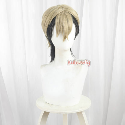 Peruca de Cosplay Zanka Nijiku de Cabelo Sintético Bubuwig Perucas de Anime Gachiakuta Zanka Nijiku Peruca Curta Loiro Misto Preto de 30cm Resistente ao Calor