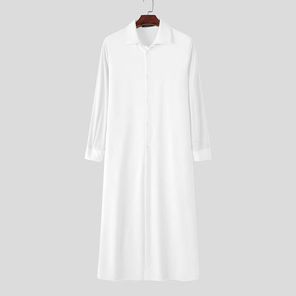 INCERUN Men Long Style Shirt Solid Color Lapel Long Sleeve Button Men Clothing Streetwear 2025 Loose Fashion Casual Camisas Tops