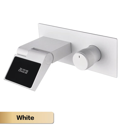 Torneira de banheiro de parede luxuosa de latão cinza chumbo com visor digital LED, misturador monocomando de água quente e fria embutido.