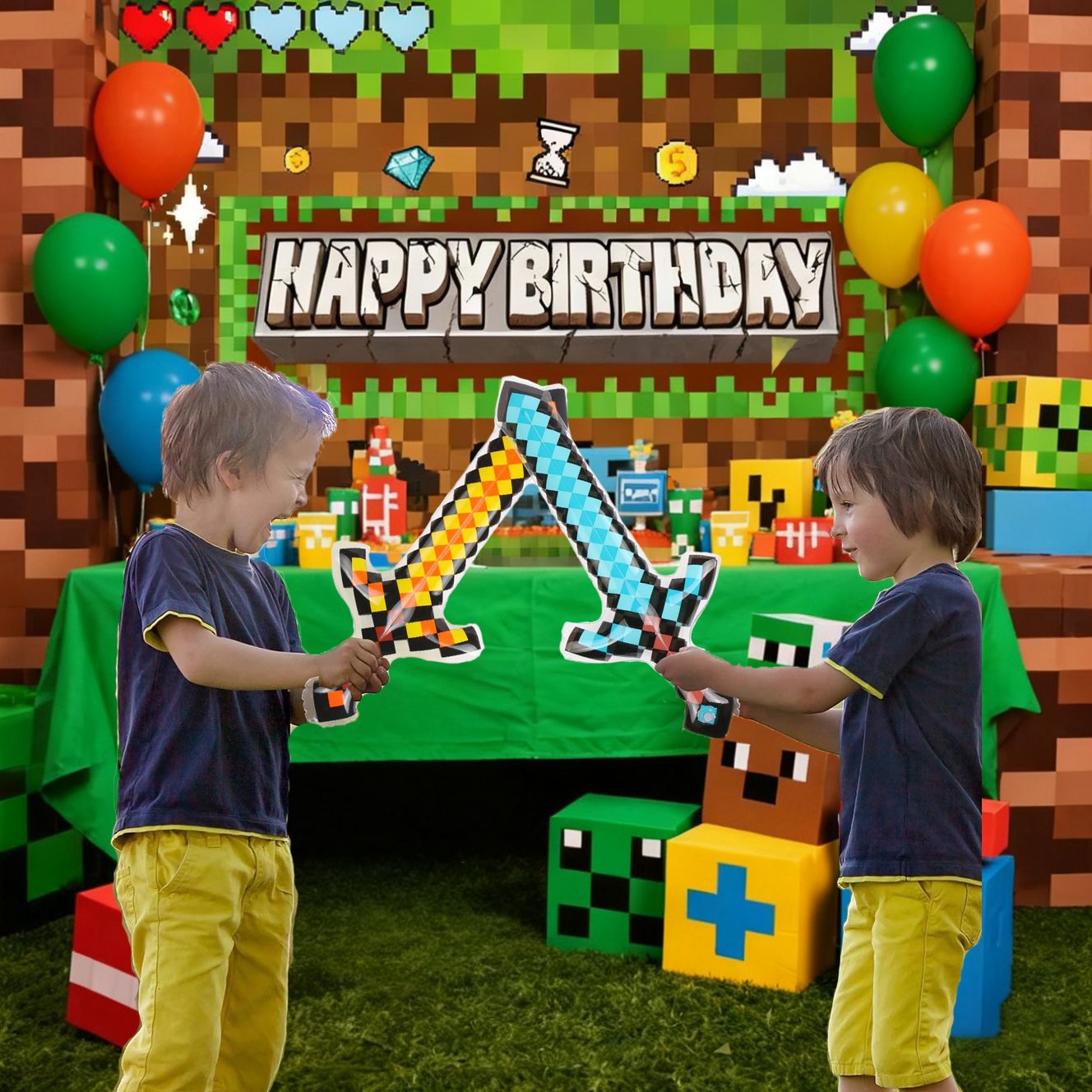 12-72Pcs Inflatable Weapons for Kids Pixel Diamond Swords Inflatable Sword for Theme Party Birthday Halloween Party Cosplay