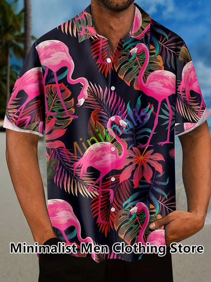 2023 Leaf and Flamingo Print Shirt For Men Hawaiian Shirt Casual Beach Short Sleeve Fashion Tops Male Blouse Summer Clothing