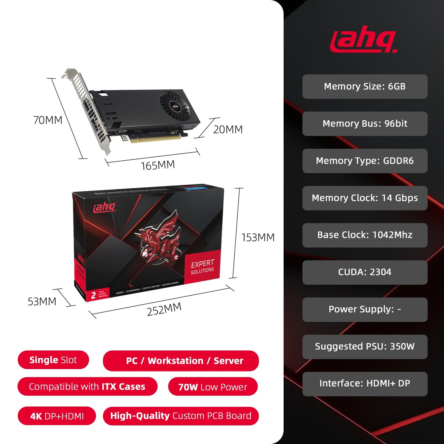 Placa de Vídeo AHQ RTX 3050 6GB GDDR6 LP Perfil Baixo GPU NVIDIA Industrial Mini ITX SFF IPC Micro Servidor Torre HTPC 100% Nova