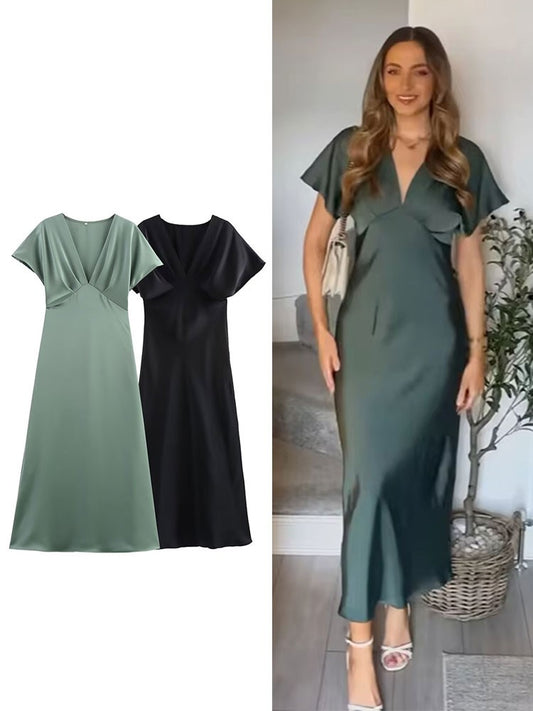 TRAFZA Women Elegant Solid Satin Dress Sexy V Neck Short Sleeve Midi Dress 2025