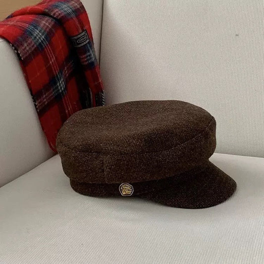 Korean Blogger Same Style Metal Button Autumn Winter Maillard Duck Bill Hat Woolen Newsboy Cap Eight Panel Hat for Women