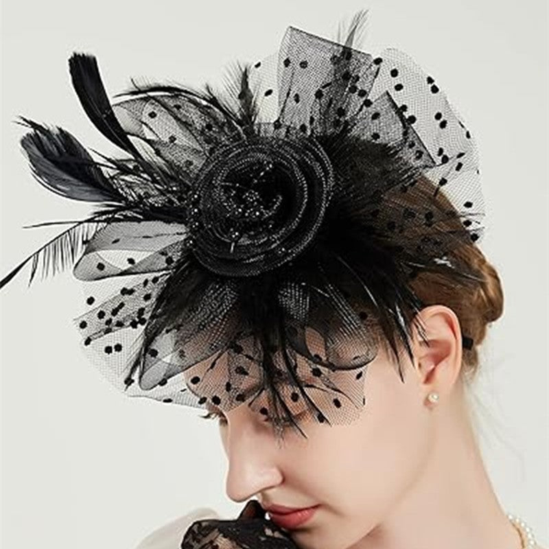 New 12 Color Net and Feather Fascinator Hat Headband Alice Headband Clip Mesh Flower Wedding Cocktail Hair Accessories Tea Party