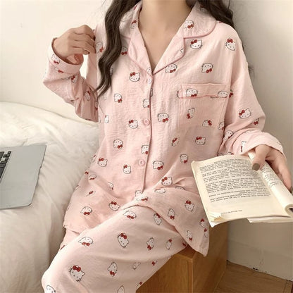 Casual Comfortable Pajama Set Autumn Winter Ins Style Kawaii Pajama Cute Girl Hello Kitty Long Sleeve Top and Pant Home Clothing
