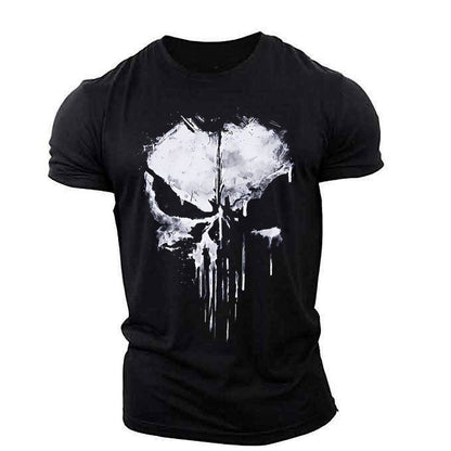 Oversized Harajuku Skull Print T-Shirt Summer Muscle Men's Sports Personality Short Sleeve Outdoor Stretch Quick Dry O-Neck Top