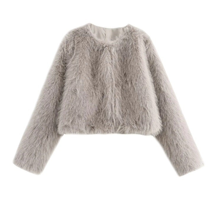 Faux fur jacket Traf   Fall/Winter New Fashion Women's Faux Fur Effect Round Neck Long Sleeve Short Jacket 2025