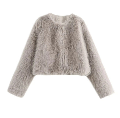 Faux fur jacket Traf   Fall/Winter New Fashion Women's Faux Fur Effect Round Neck Long Sleeve Short Jacket 2025