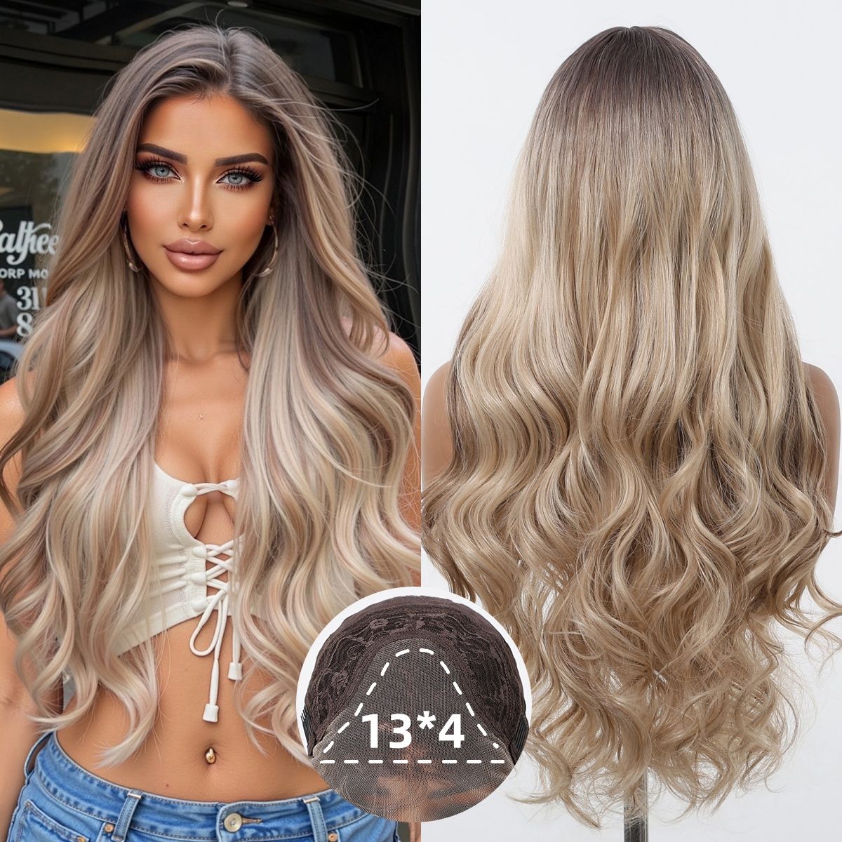 HENRY MARGU Peruca Frontal Lisa Ondulada Marrom Mista Longa Peruca Sintética Natural Ondulada 13x4 Frontal de Renda Cabelo Falso para Mulheres Raiz Escura