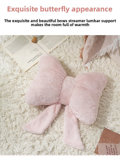 Pink bow ribbon couch pillow imitation rabbit fur comfortable car seat cushion ins style simple all-match back cushion
