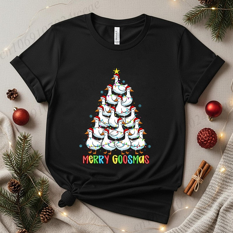 Funny Merry Goosmas T-Shirts for Women,Trendy Christmas Goose Shirt Design,Christmas Tree Party T-Shirts for Women Men Clothes