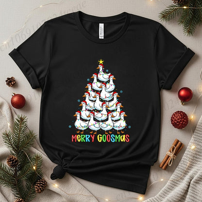 Funny Merry Goosmas T-Shirts for Women,Trendy Christmas Goose Shirt Design,Christmas Tree Party T-Shirts for Women Men Clothes