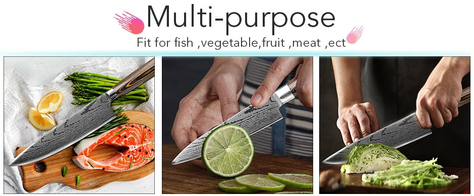 Conjunto de Facas de Cozinha 1-7PÇS Faca de Chef Japonesa Santoku 7CR17 Aço Inoxidável 440C Faca de Imitação de Damasco Cutelo de Carne Fatiador