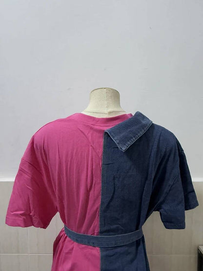 XFPV Women's Sweet high Waist Wrap Belt Round Neck patchwork Denim Shirt  Chic Top Y2k Korean Fashion Spring Summer 2025 SM11327