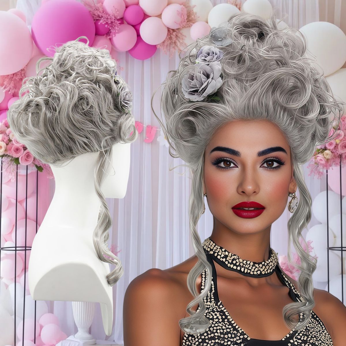 Pink Fluffy High-Top high quality Synthetic Wig | Queen's Hairstyle with Feather Flowers | Wig for Queen Cosplay