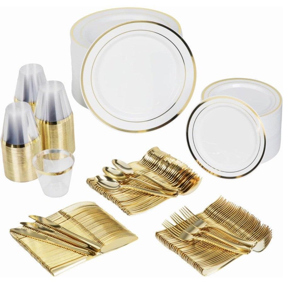 Conjunto de Louça Descartável para Festa Prestee com 600 Peças para 100 Convidados, Talheres Dourados Descartáveis com Pratos, Copos, Facas, Garfos e Colheres