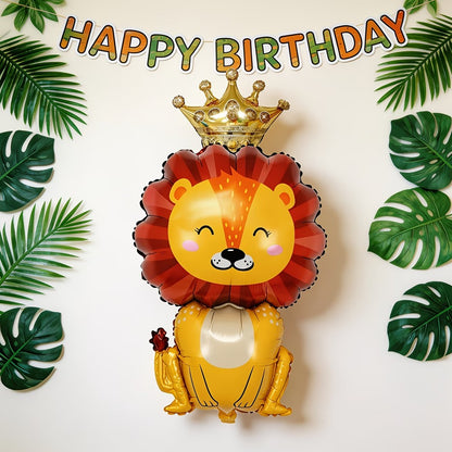 Cute Crown Little Lion King Foil Balloon, Cartoon Lion with Golden Crown Mylar Balloon for Jungle Safari Wild Animal Theme Birth