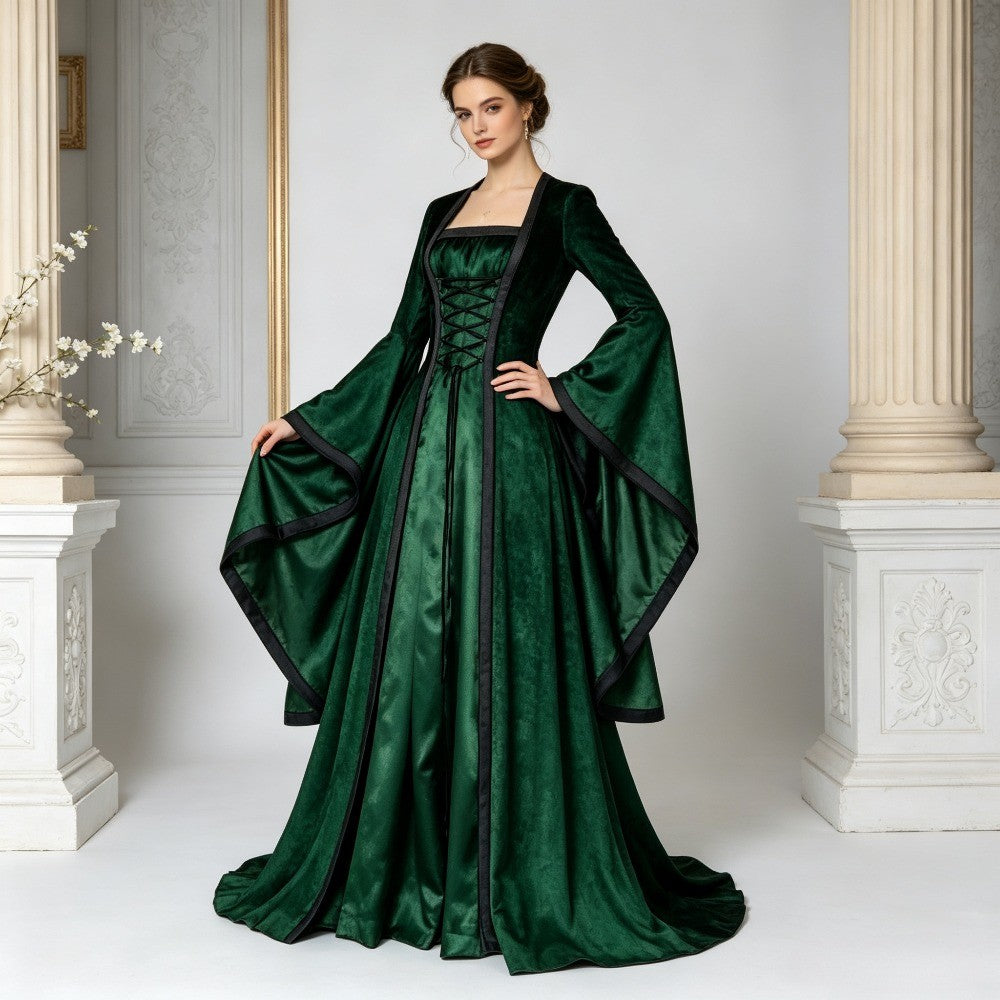 Halloween Cosplay Women Vintage Gothic Medieval Court Dress Flared Long Sleeve Floor Length Gown For Theme Stage Cosplay Show