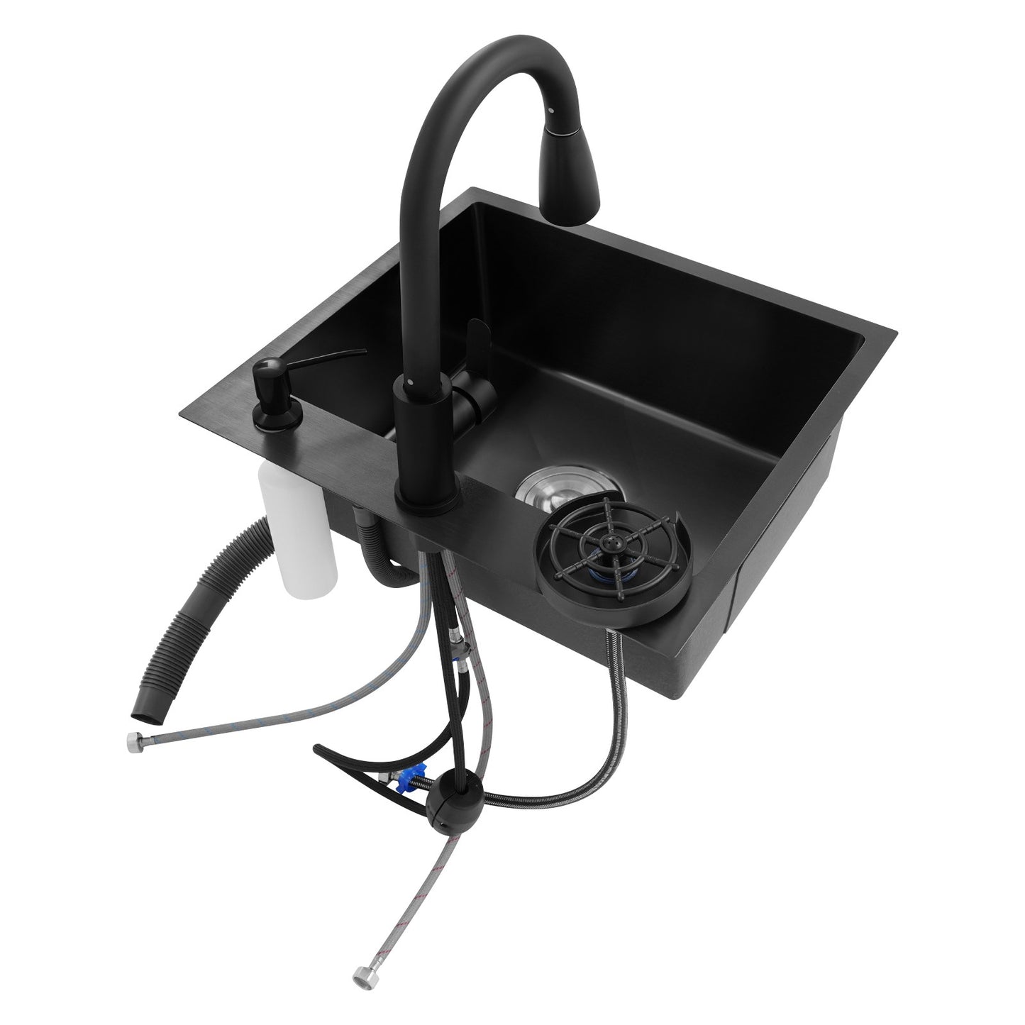Kitchen Sink w/ Pull-Out Faucet & Drain Basket,  50*45cm Black Stainless Steel Single Bowl Sink Kit