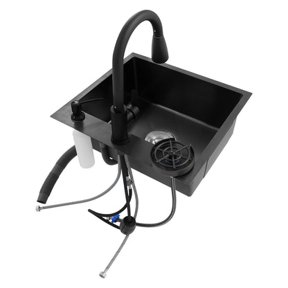 Kitchen Sink w/ Pull-Out Faucet & Drain Basket,  50*45cm Black Stainless Steel Single Bowl Sink Kit