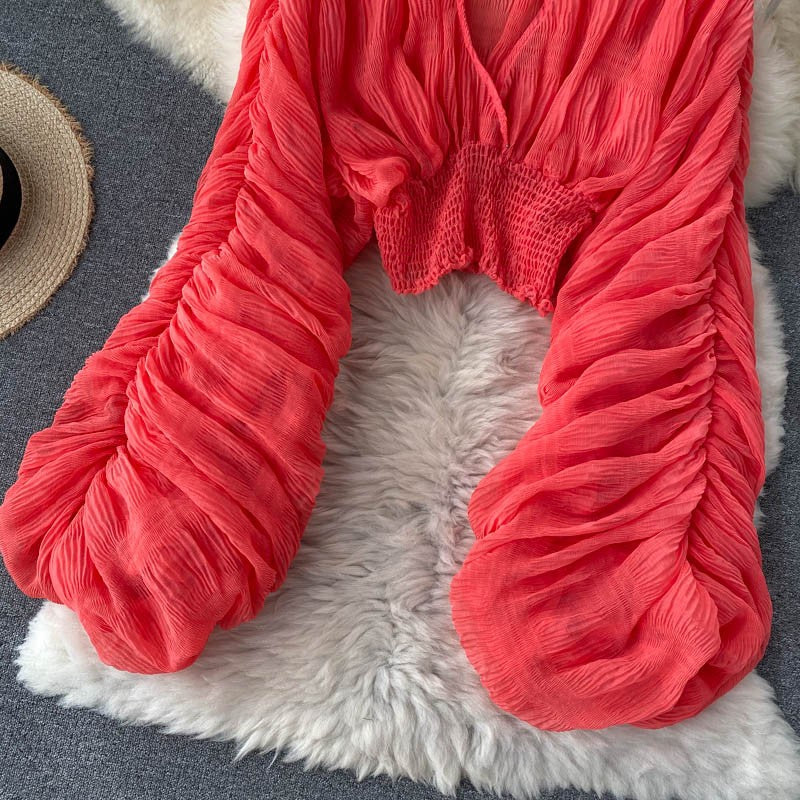 Summer Sexy Draped Chiffon Blouse For Women Elegant V-Neck Puff Long Sleeve Short Tops Female Slim Party Shirts 2022 New Fashion