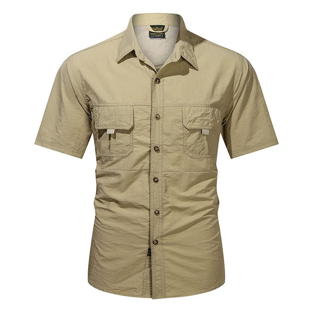 2025 Summer Cargo Shirts for Men Short Sleeve 2-Pocket Outdoor Casual Shirt Quick-dry Tops Lapel Single-Breasted Men's Shirts