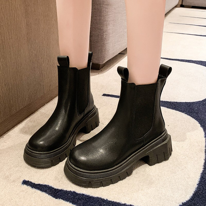 Autumn and Winter New Round Toe Low Heel Women's Boots Chelsea Motorcycle Boots Solid Color Breathable Casual Women's Boots