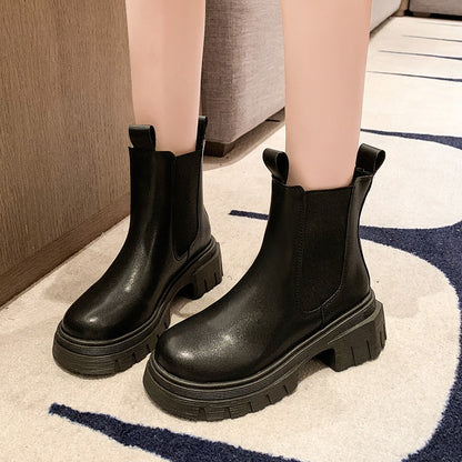 Autumn and Winter New Round Toe Low Heel Women's Boots Chelsea Motorcycle Boots Solid Color Breathable Casual Women's Boots