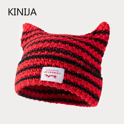 Y2K Handmade Stripe Knit Beanie Hat Cat Ears Cold Hat Winter Men Female Warm Crochet Hat Kawaii Designer