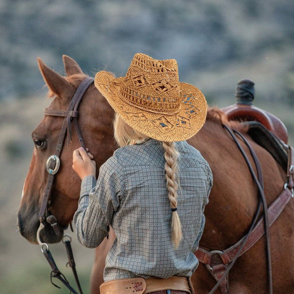 Chapéu de Sol Boêmio de Verão com Conchas, Chapéu de Cowboy Feminino e Masculino Dobrável Vazado de Palha com Aba Larga para Férias