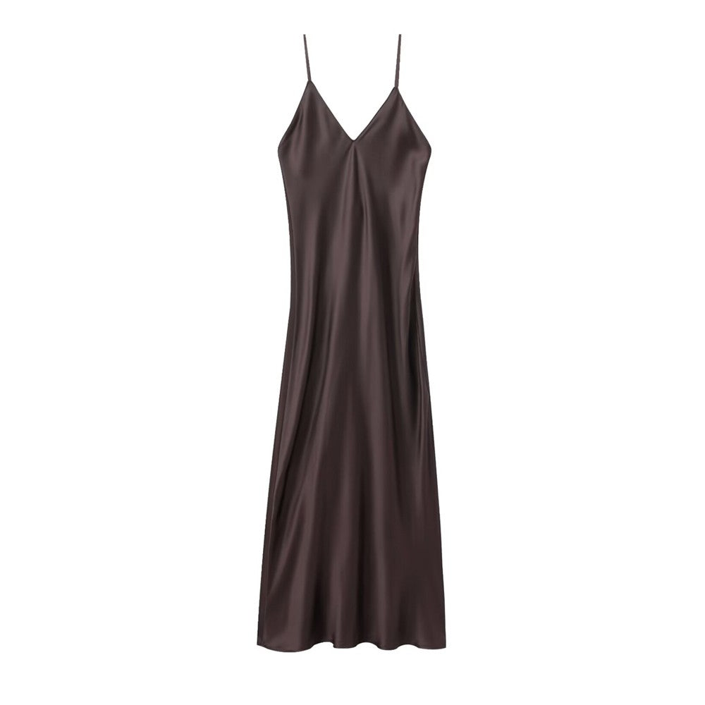 TRZA-Women's Satin Midi Dress, V Neck, Thin Straps, Backless, Female Dresses, Se