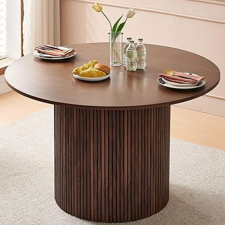 Round Dining Table for 4, Modern Farmhouse Kitchen Table, 47 Inch Small Circle Dining Tables, Walnut Wood Veneer Tabletop with W