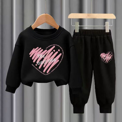 Conjuntos de 2 peças de blusa de manga comprida e calças de outono para crianças, meninos e meninas, agasalho esportivo estampado com corações para meninos e meninas